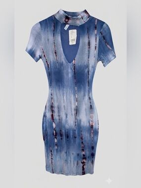Blue Tie-Dye Keyhole Mini Dress